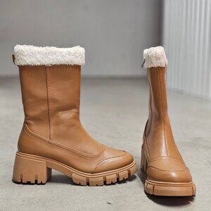 Womens Tan Faux Leather Mid-Calf Boots With Chunky Sole & Faux Shearling Trim